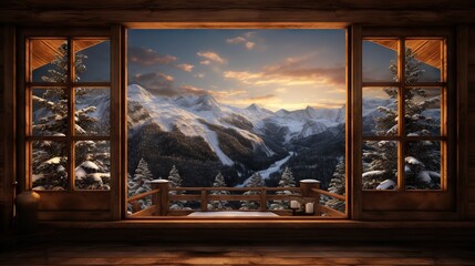  a window with a view of a snowy mountain landscape outside.  generative ai