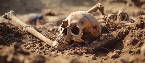 Excavation of human remains at a burial site With copyspace for text