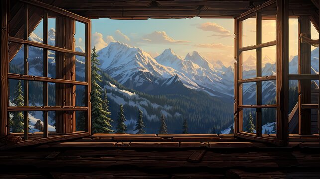 Fototapeta  an open window with a view of a snowy mountain range.  generative ai