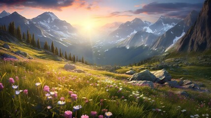  a painting of a beautiful mountain scene with wildflowers.  generative ai