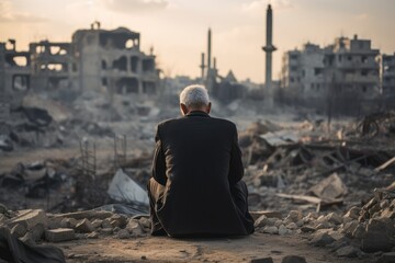 An old man prays near a war-damaged house
