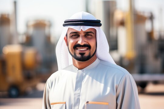 Arab man, in an oil and gas production plant, looks and smiles at the camera