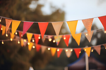 Colorful party festival party bunting with string lights background