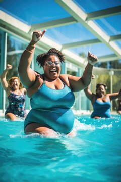 Body positivity. Fat women doing water aerobics in the pool in swimsuits.