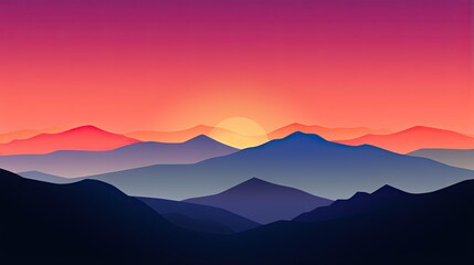  a sunset over a mountain range with the sun setting in the distance.  generative ai