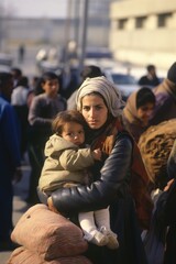 A mother with a small child in her arms in a ruined city.