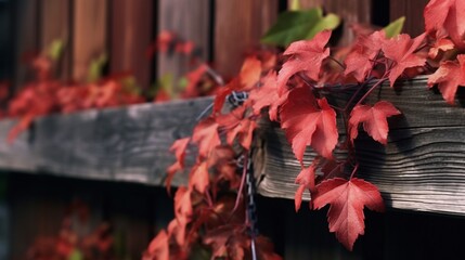 A cluster of wild grape leaves clinging to a weathered wooden fence, their red hues accentuating the rustic setting.