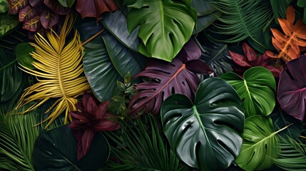 A collection of various tropical leaves, artistically arranged to create a visually captivating composition.
