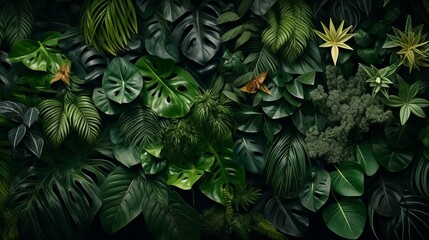 A collection of various tropical leaves, artistically arranged to create a visually captivating...