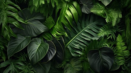 A collection of various tropical leaves, artistically arranged to create a visually captivating...