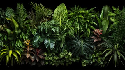 Fototapeta na wymiar A collection of various tropical leaves artistically arranged, creating a visually striking and dynamic composition.