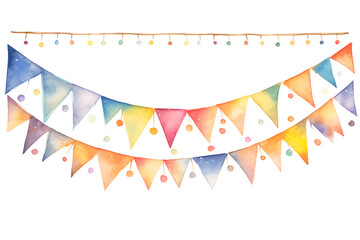 Colorful watercolor string of bunting with lights isolated on white background