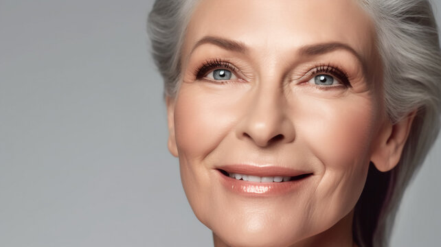 Close up of a beautiful mature woman's face with skin texture wrinkles. Cosmetic procedures for aging skin skin body care healthy lifestyle concept