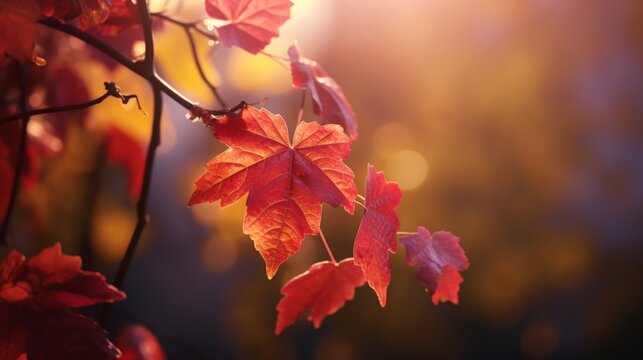 A gentle breeze rustles through a canopy of wild grape leaves, their red hues dancing in harmonious autumn rhythm.