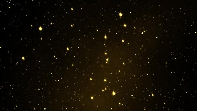 gold particles abstract background with golden shining stars dust bokeh glitter awards dust. Futuristic glittering fly movement flickering loop in space on black background.
