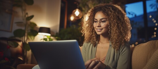 young adult female woman working at home using laptop cheerful smiling joyful working at home lifestyle - obrazy, fototapety, plakaty