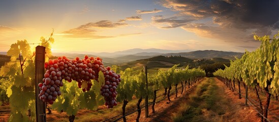 Italian Sangiovese grape variety grown in a vineyard at sunset in Castellina in Chianti Tuscany Italy With copyspace for text - obrazy, fototapety, plakaty