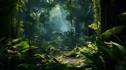 A lush tropical forest with a rich diversity of plant life, showcasing an array of different leaf shapes and sizes.