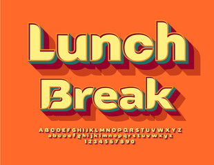 Vector advertising sign Lunch Break. 3D trendy Font. Creative style Alphabet Letters and Numbers set