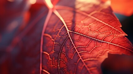 A close-up of a single, intricately veined wild grape leaf, its vivid red tones making a bold...