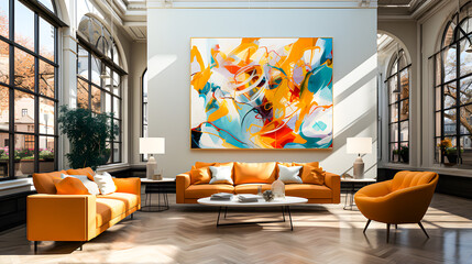 A brightly lit luxurious apartment with works of art