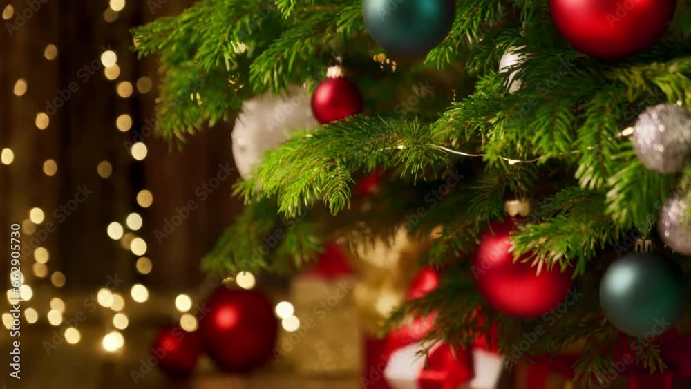 Wall mural Decorated Christmas tree closeup, with sparkling bokeh lights on the dark wooden background, the camera tilts up
