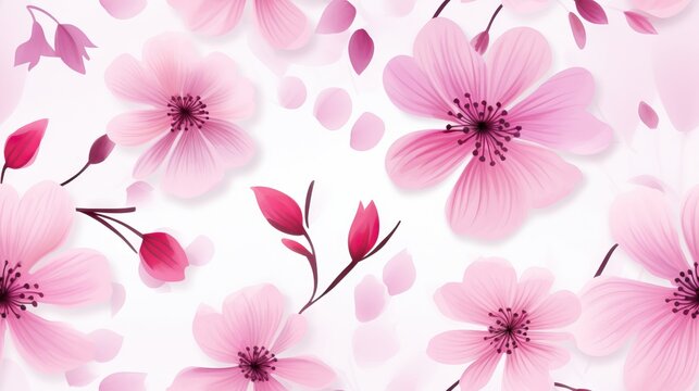  a pink flower wallpaper with pink flowers and leaves on a white background.  generative ai
