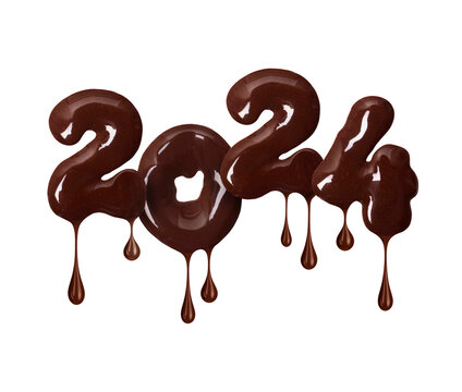 Number 2024 is made of melted chocolate isolated on white background