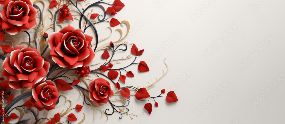 Wall mural valentine's day,paper cut red roses raindrops on white background with copy space. creative floral s