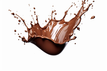 Dark chocolate on a white background, splashes of dark chocolate. Macro for college. - obrazy, fototapety, plakaty