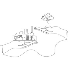 Continuous line drawing A tree and a factory on hand for comparison Eco icon vector illustration concept