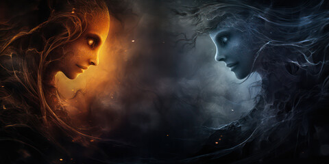 Face to face creature on dark smoky background