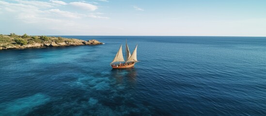 A stunning sailboat with skilled crew in the Aegean captured from above by a drone With copyspace for text