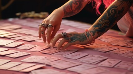 a close up of female hands drawing the tarot cards from the deck. A fortune teller woman with tattoos doing divination indoors - obrazy, fototapety, plakaty
