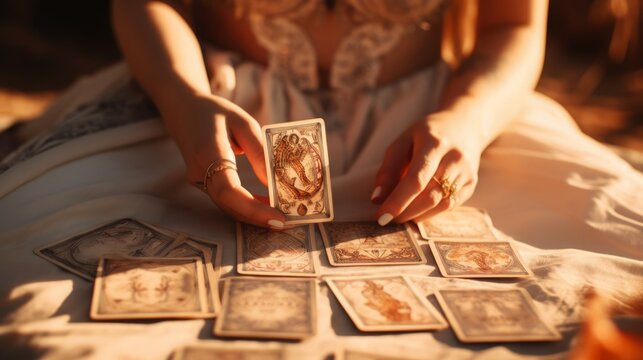 a close up of female hands drawing the tarot cards from the deck. A fortune teller woman with tattoos doing divination indoors in a sunlit room