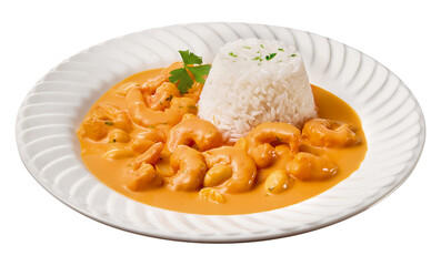 prato com estrogonofe de camarão acompanhado de arroz branco cozido isolado em fundo transparente