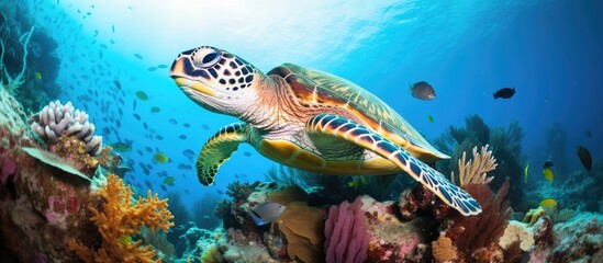 Naklejka premium Green Sea Turtle resting on corals in a tropical reef captured while scuba diving in Indonesia With copyspace for text