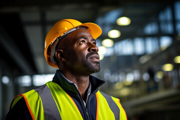Ingenieur blickt nach schräg rechts oben im 45 Grad Winkel. Blick in Richtung Zukunft.