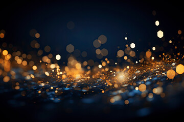 Magic background with golden bokeh with colorful purple pink yellow. Frame from golden shiny splashes, drops.