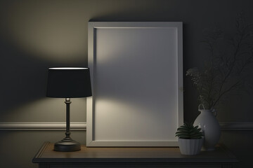 An empty frame on a midnight house wall. console-table lamp. Generative AI