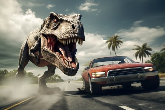 A dinosaur and a muscle car doing a race.