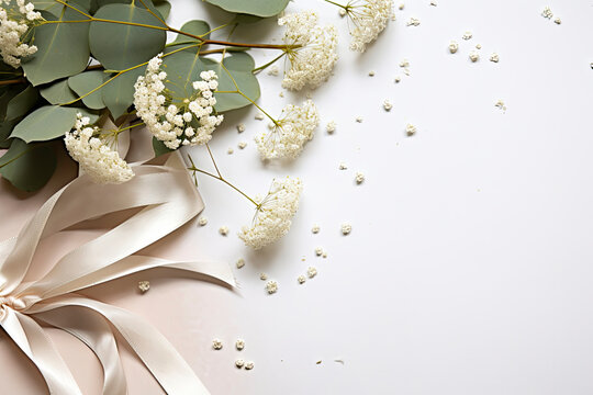 Styled stock photo. Feminine wedding desktop mockup with baby's breath Gypsophila flowers, dry green eucalyptus leaves
