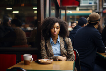Eine schwarze Frau sitzt in einem Café und starrt in die Kamera - obrazy, fototapety, plakaty