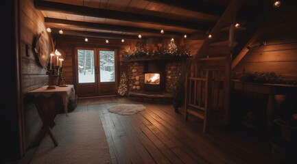 A cozy room with a Christmas tree and a fireplace,created with Generative AI technology.
