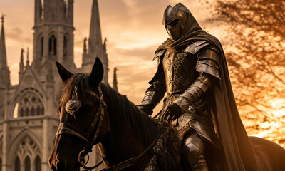 Medieval warrior in armor riding a horse with a Gothic cathedral in the background - obrazy, fototapety, plakaty