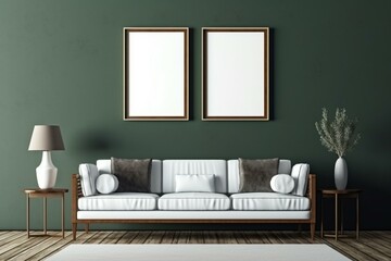 Contemporary lounge with frame template. Empty frame template on sleek wall in stylish lounge. Generative AI
