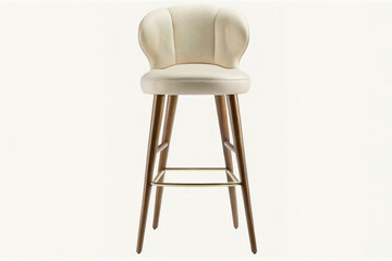 Beige bar stool without armrests with footstool on isolated white background, studio shot, front view. Generative AI