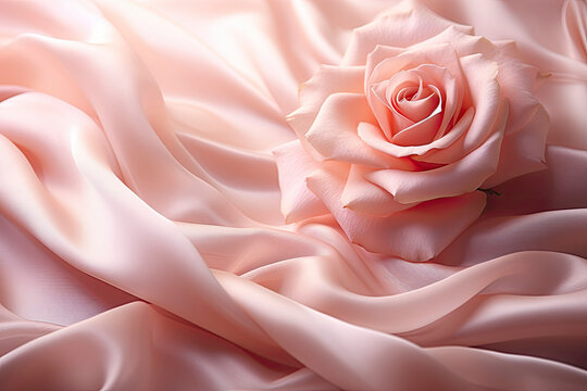 Rose flower on a waved draped soft pink silk fabric. Texture horizontal copy space background.