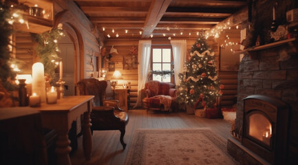 Fototapeta na wymiar A cozy room with a Christmas tree and a fireplace,created with Generative AI technology.