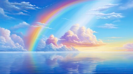  a painting of a rainbow in the sky over the ocean.  generative ai